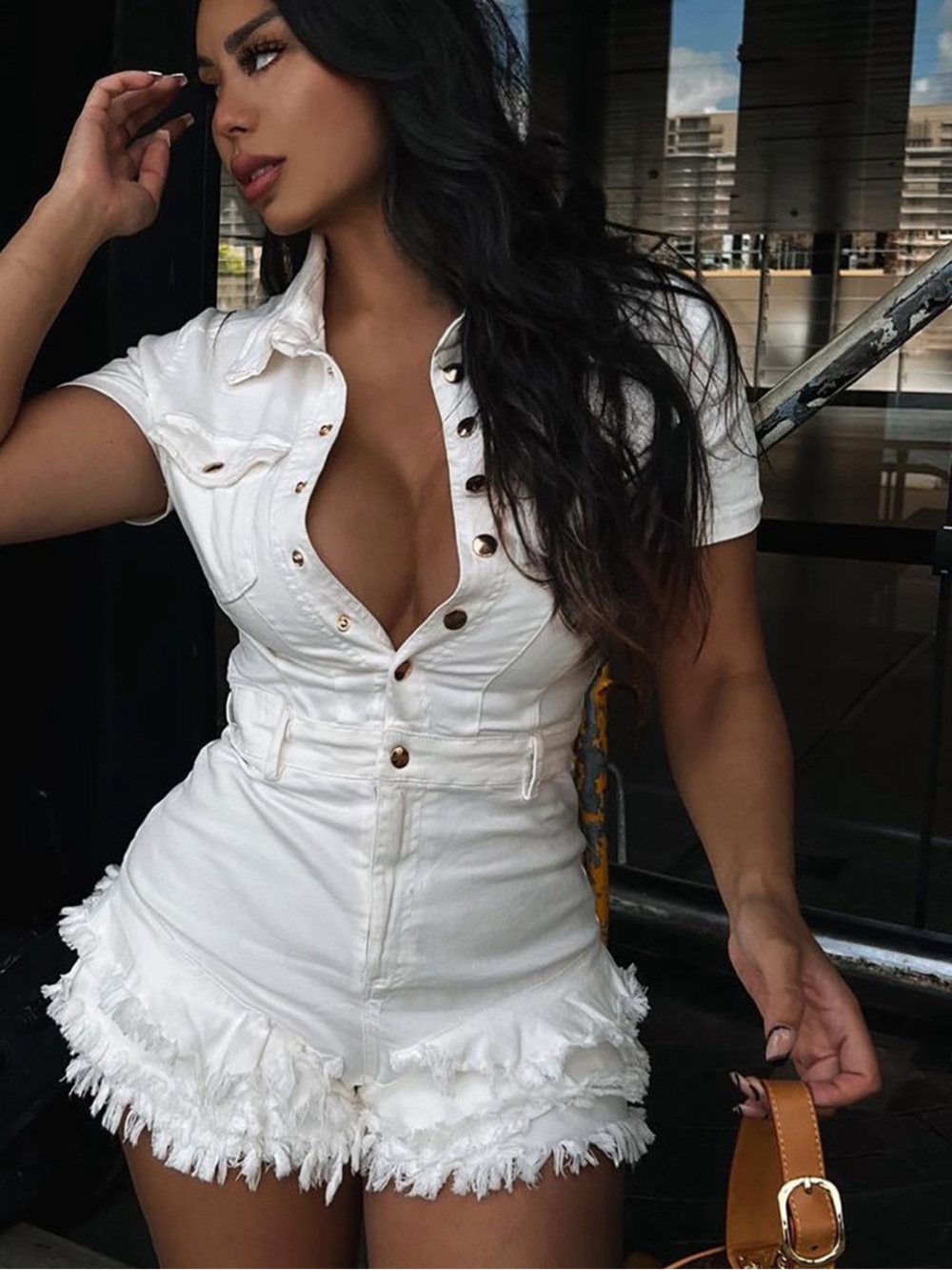 Fashion Nova White Frayed Denim Romper Shorts